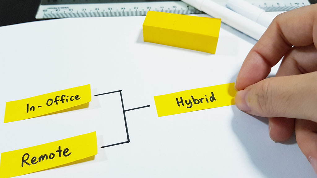 Hybrid workforce model. Choosing between In-office, Remote or Hybrid model. Work from home WFH.